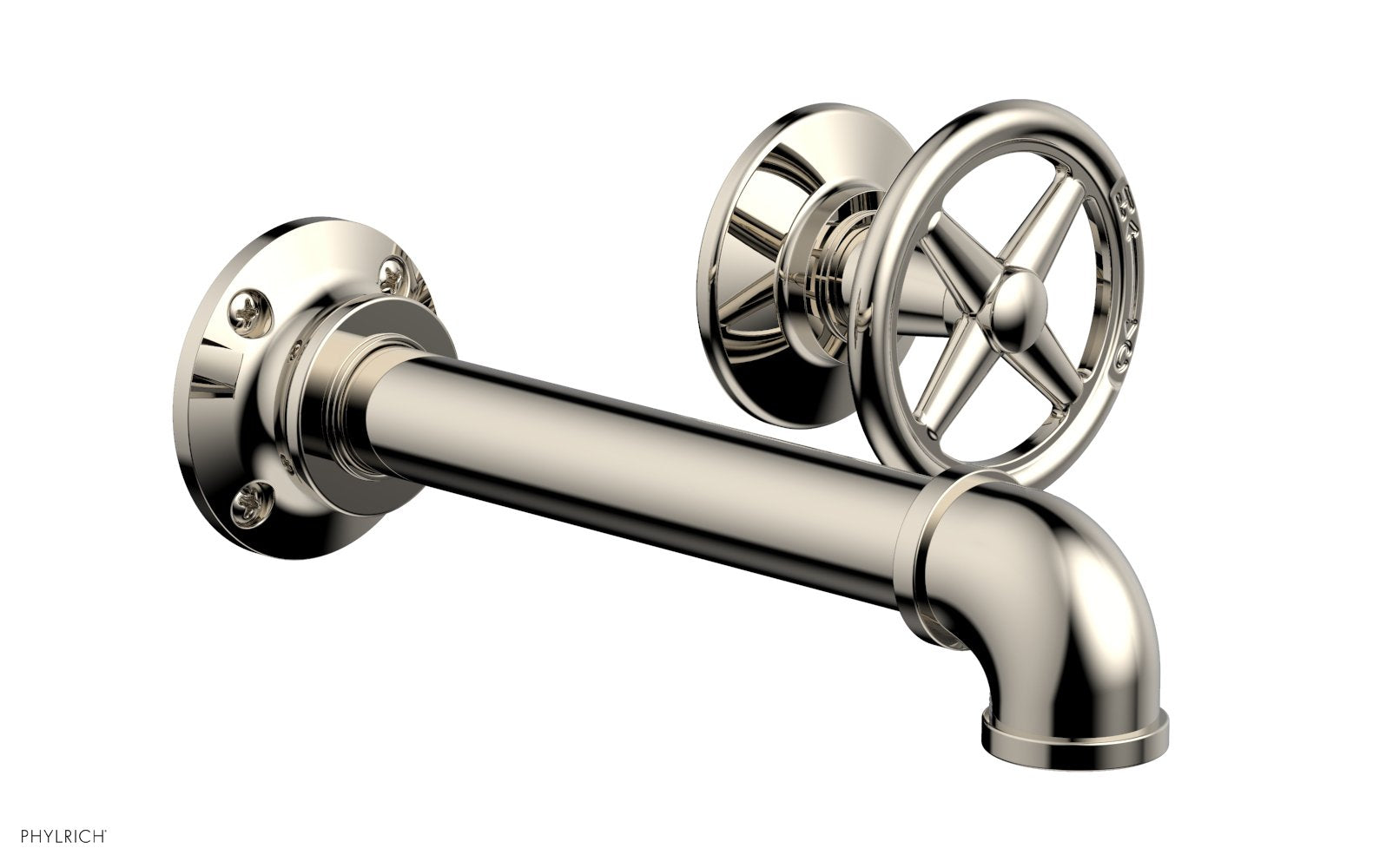 WORKS 2 Single Handle Wall Lavatory Set   Cross Handles by Phylrich - Polished Nickel