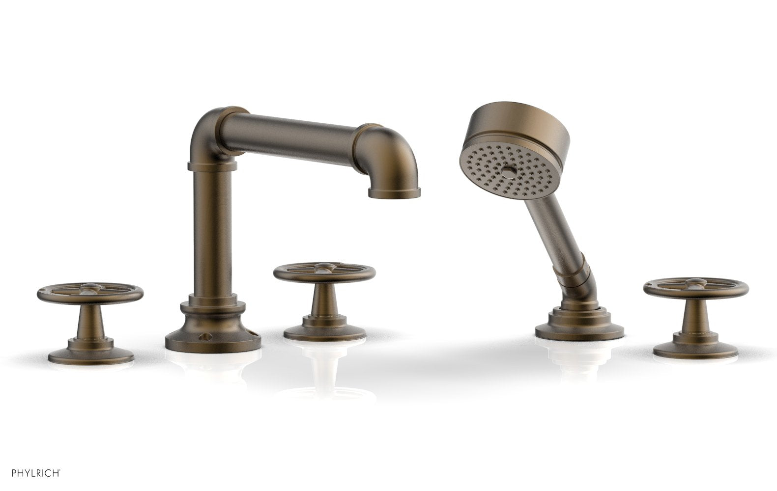 WORKS 2 Deck Tub Set with Hand Shower   Cross Handles by Phylrich - Antique Brass