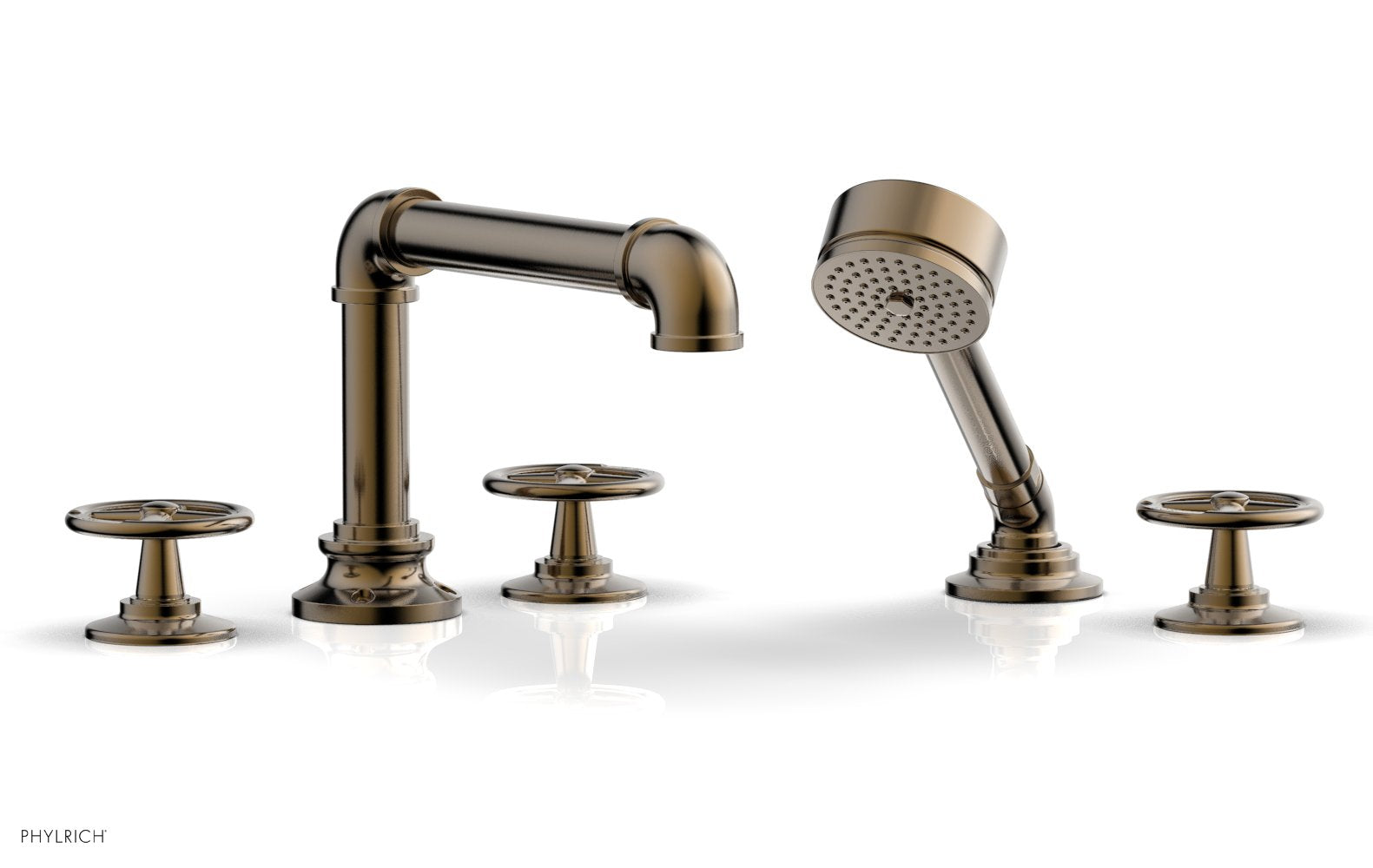 WORKS 2 Deck Tub Set with Hand Shower   Cross Handles by Phylrich - Antique Bronze