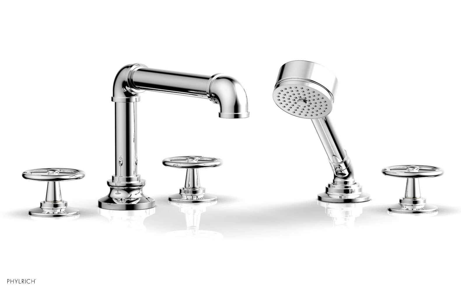 WORKS 2 Deck Tub Set with Hand Shower   Cross Handles by Phylrich - Polished Nickel