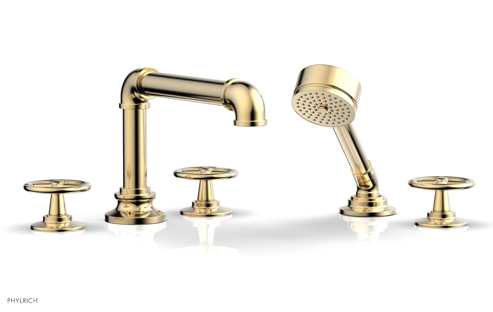WORKS 2 Deck Tub Set with Hand Shower   Cross Handles by Phylrich - Satin Brass