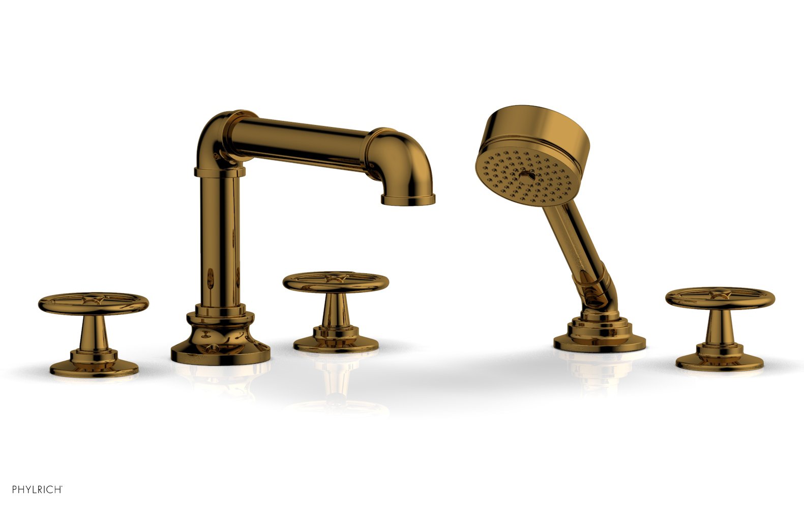 WORKS 2 Deck Tub Set with Hand Shower   Cross Handles by Phylrich - Polished Gold