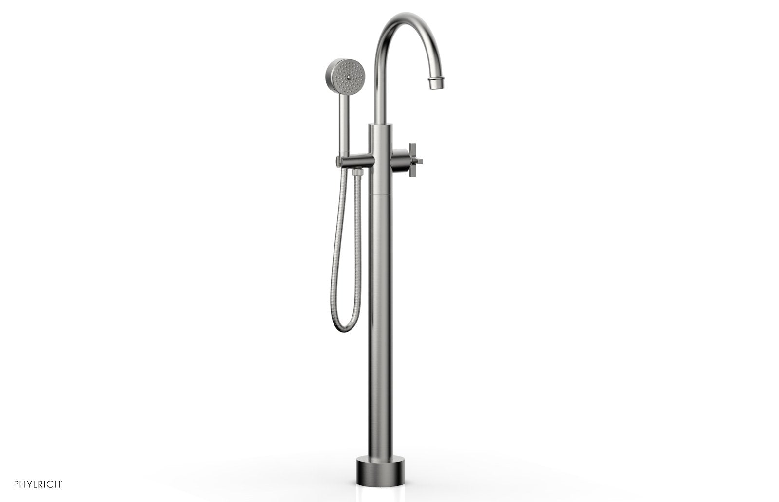 HEX MODERN Floor Mount Tub Filler Cross Handles with Hand Shower by Phylrich - Satin Chrome