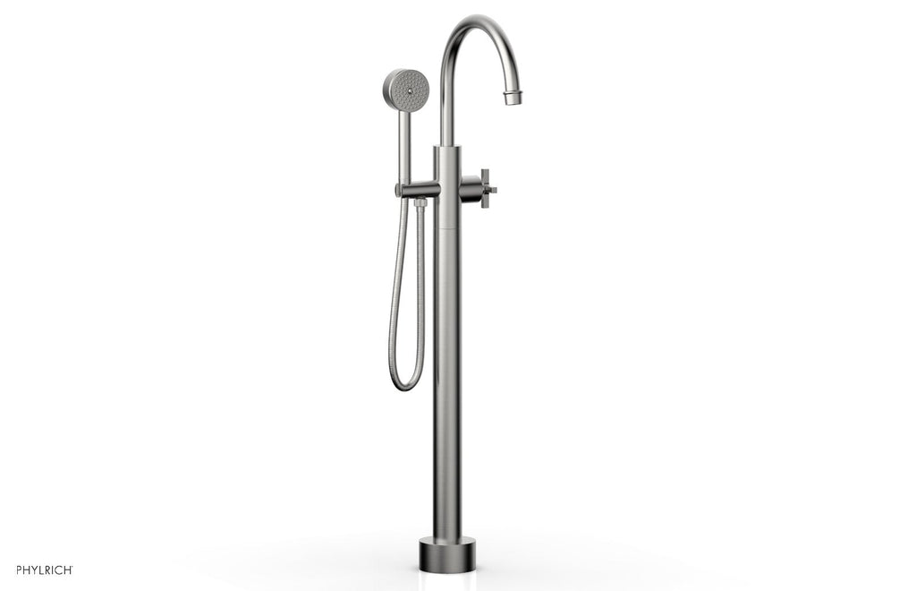 HEX MODERN Floor Mount Tub Filler Cross Handles with Hand Shower by Phylrich - Satin Chrome