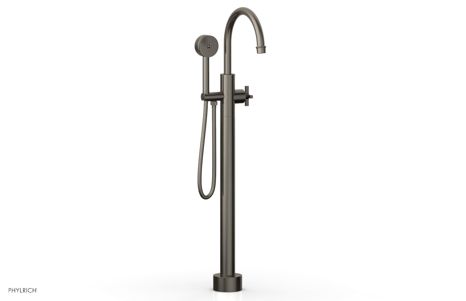 HEX MODERN Floor Mount Tub Filler Cross Handles with Hand Shower by Phylrich - Pewter