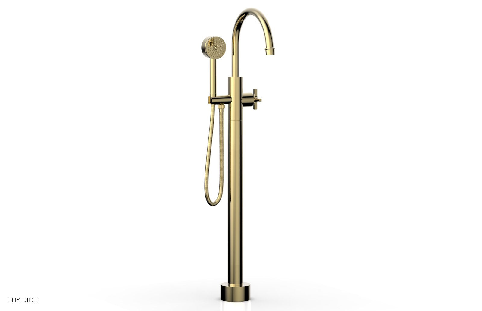 HEX MODERN Floor Mount Tub Filler Cross Handles with Hand Shower by Phylrich - Polished Brass Uncoated