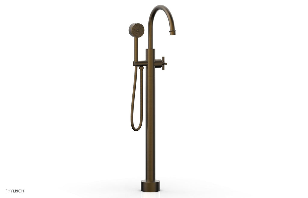 HEX MODERN Floor Mount Tub Filler Cross Handles with Hand Shower by Phylrich - Old English Brass