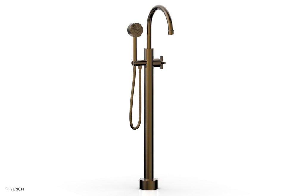 HEX MODERN Floor Mount Tub Filler Cross Handles with Hand Shower by Phylrich - Antique Brass