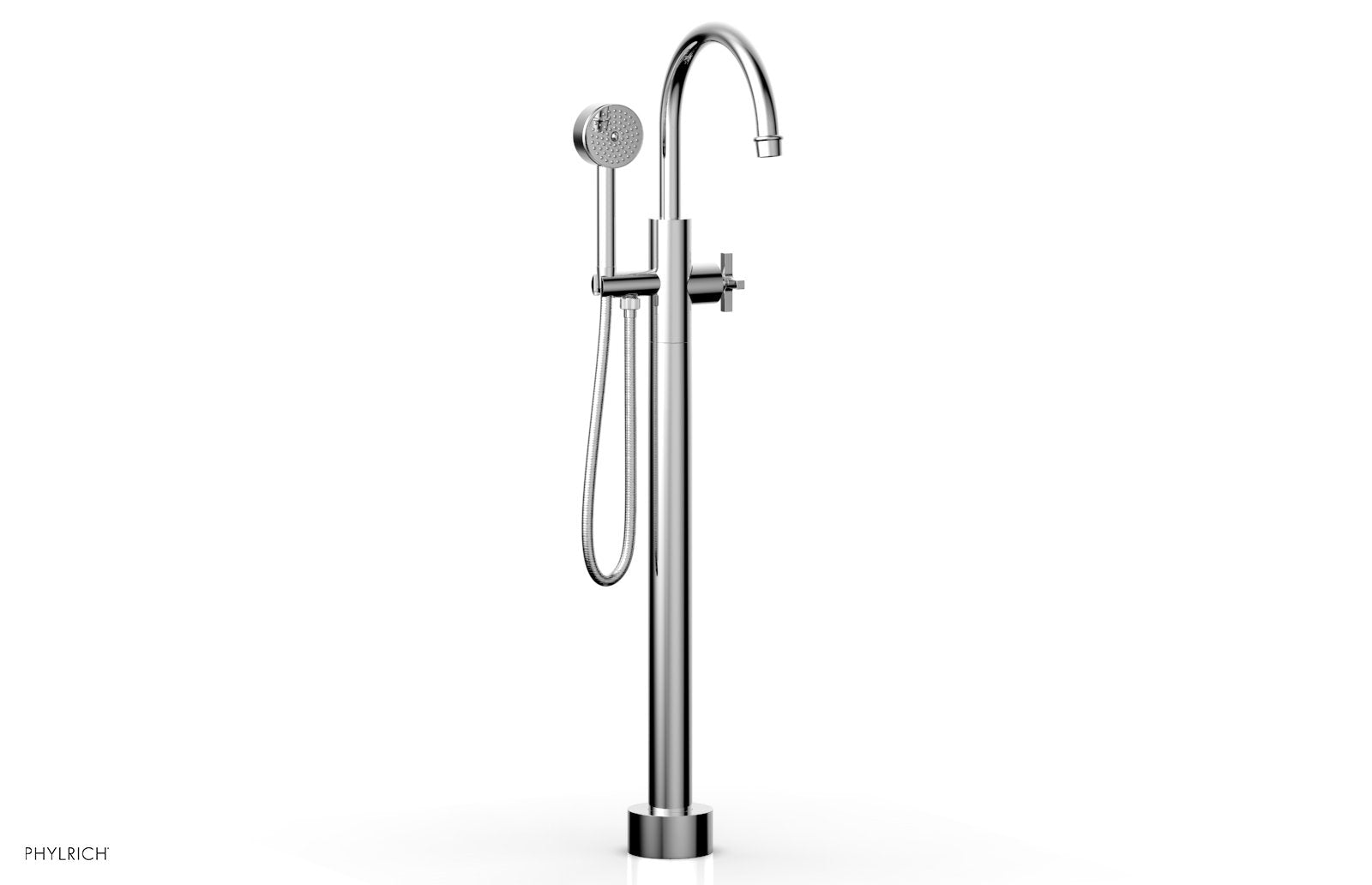 HEX MODERN Floor Mount Tub Filler Cross Handles with Hand Shower by Phylrich - Polished Chrome