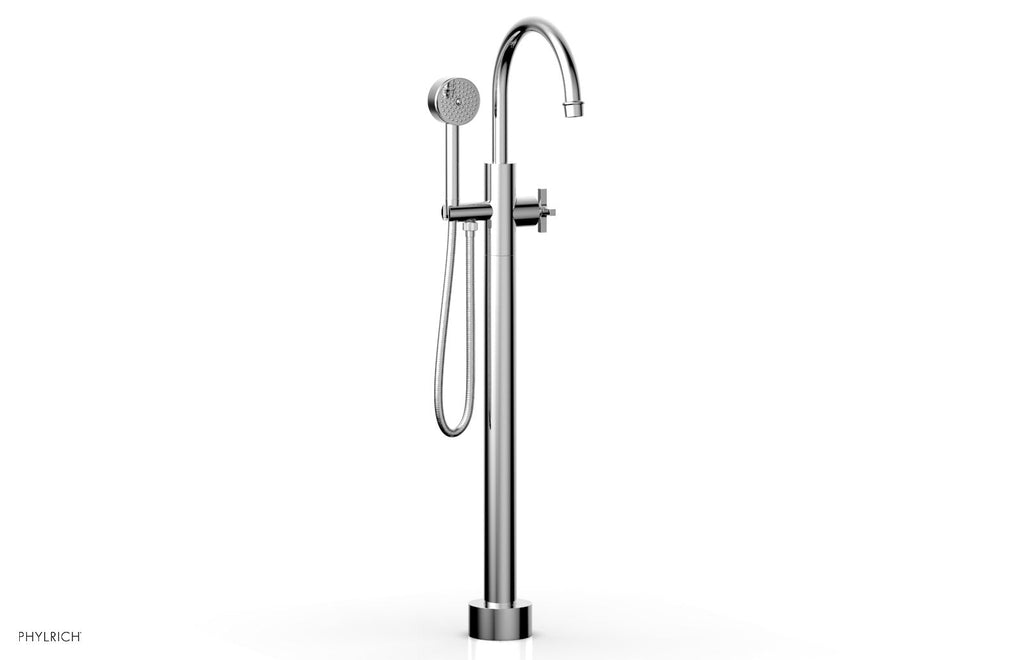 HEX MODERN Floor Mount Tub Filler Cross Handles with Hand Shower by Phylrich - Polished Chrome