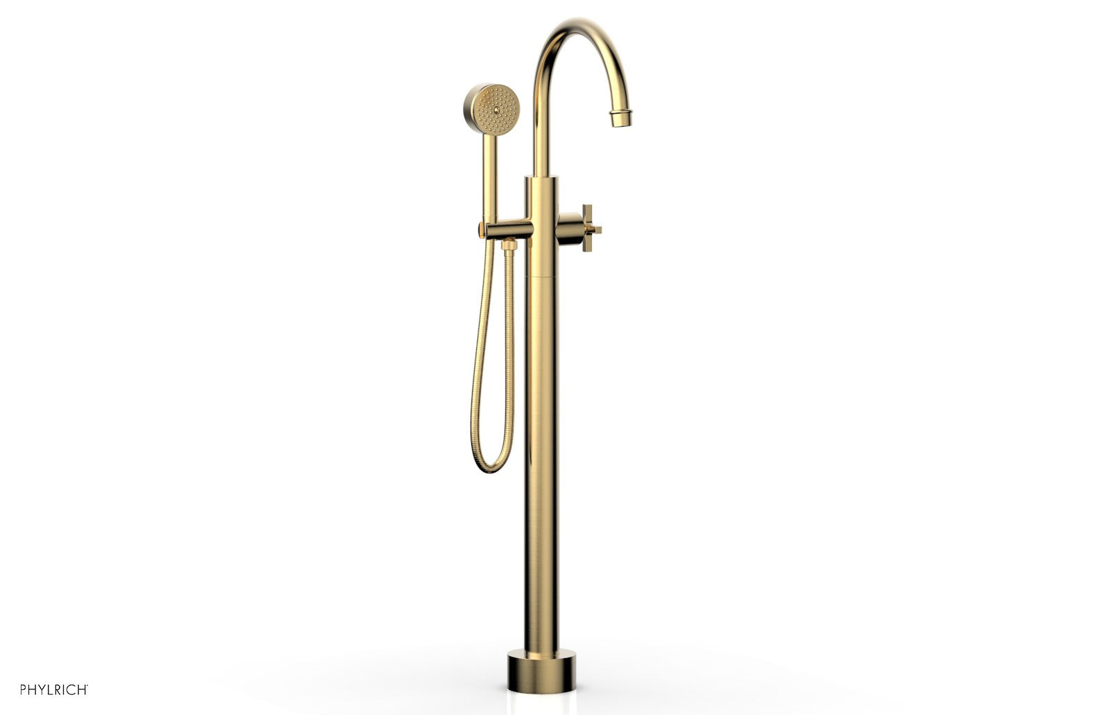 HEX MODERN Floor Mount Tub Filler Cross Handles with Hand Shower by Phylrich - Satin Brass