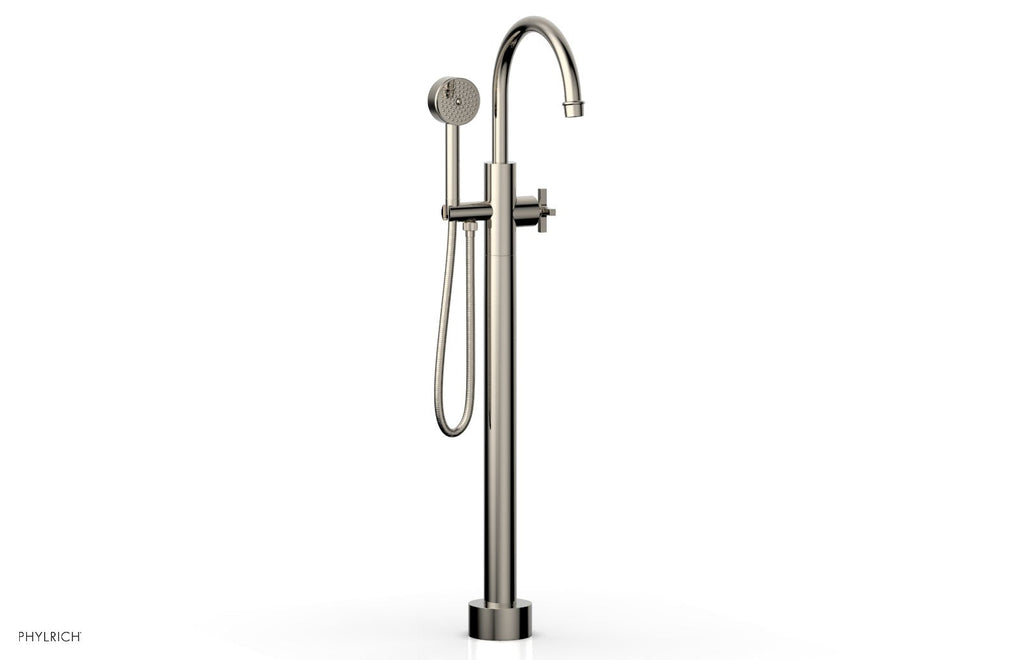 HEX MODERN Floor Mount Tub Filler Cross Handles with Hand Shower by Phylrich - Polished Nickel