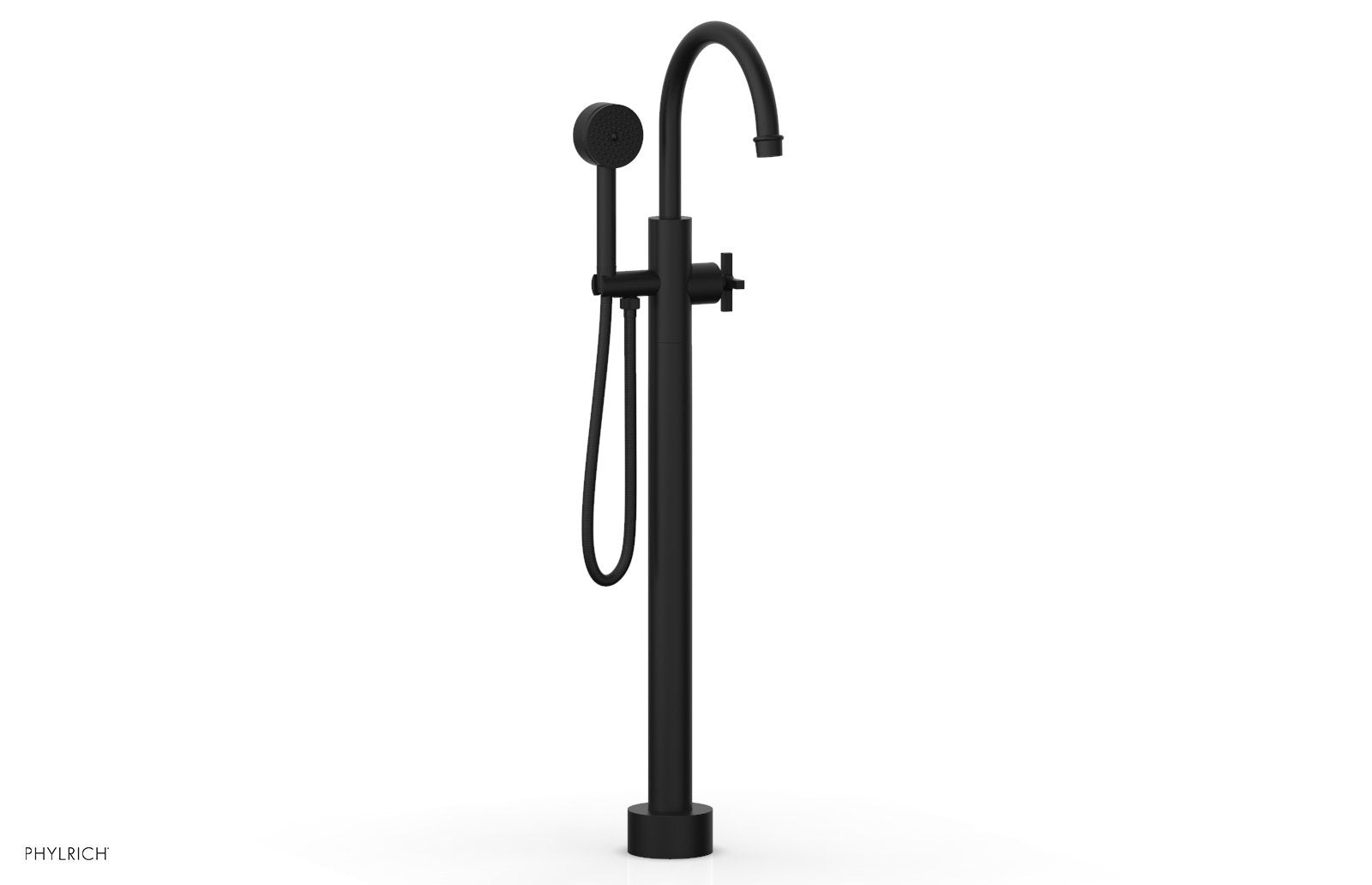 HEX MODERN Floor Mount Tub Filler Cross Handles with Hand Shower by Phylrich - Matte Black