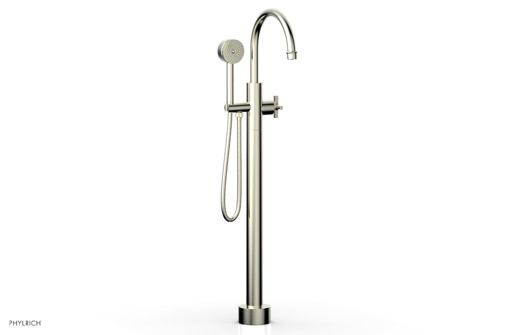 HEX MODERN Floor Mount Tub Filler Cross Handles with Hand Shower by Phylrich - Satin Nickel
