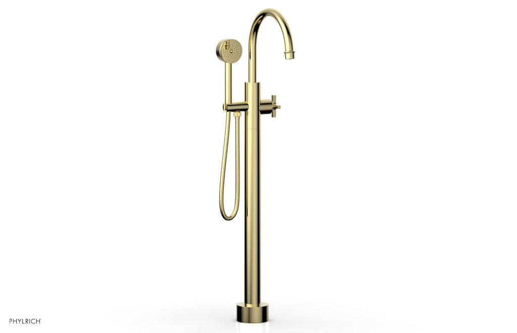 HEX MODERN Floor Mount Tub Filler Cross Handles with Hand Shower by Phylrich - Polished Brass