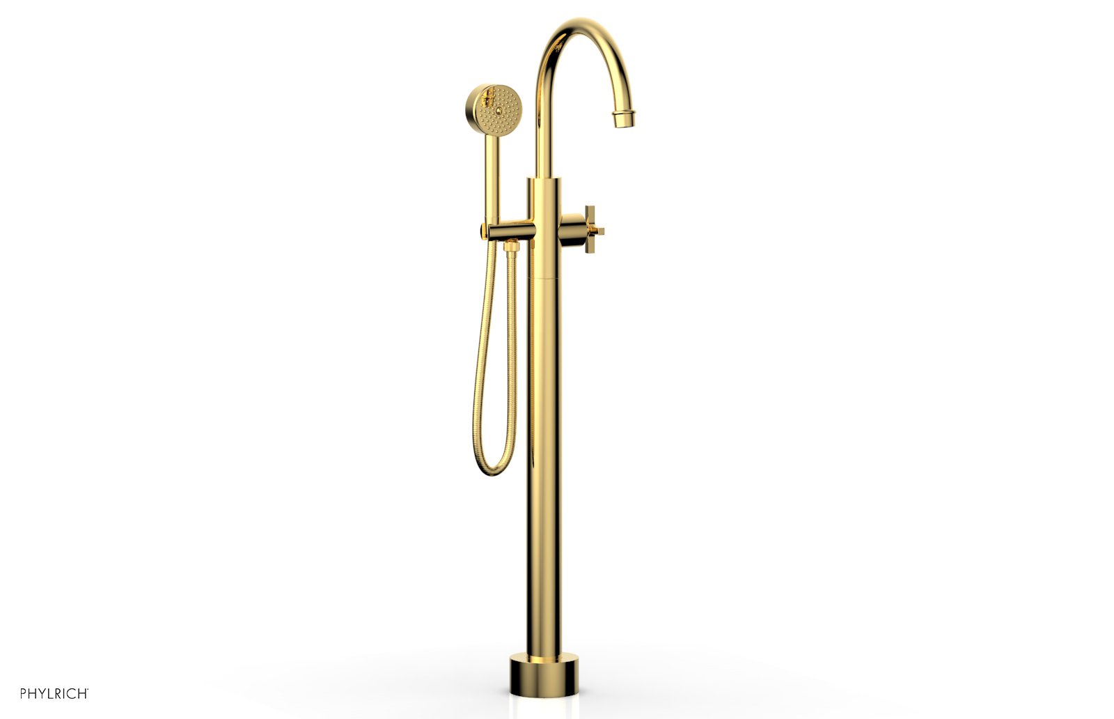 HEX MODERN Floor Mount Tub Filler Cross Handles with Hand Shower by Phylrich - Polished Gold