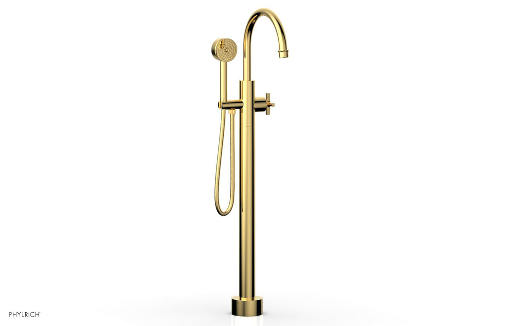 HEX MODERN Floor Mount Tub Filler Cross Handles with Hand Shower by Phylrich - Polished Gold