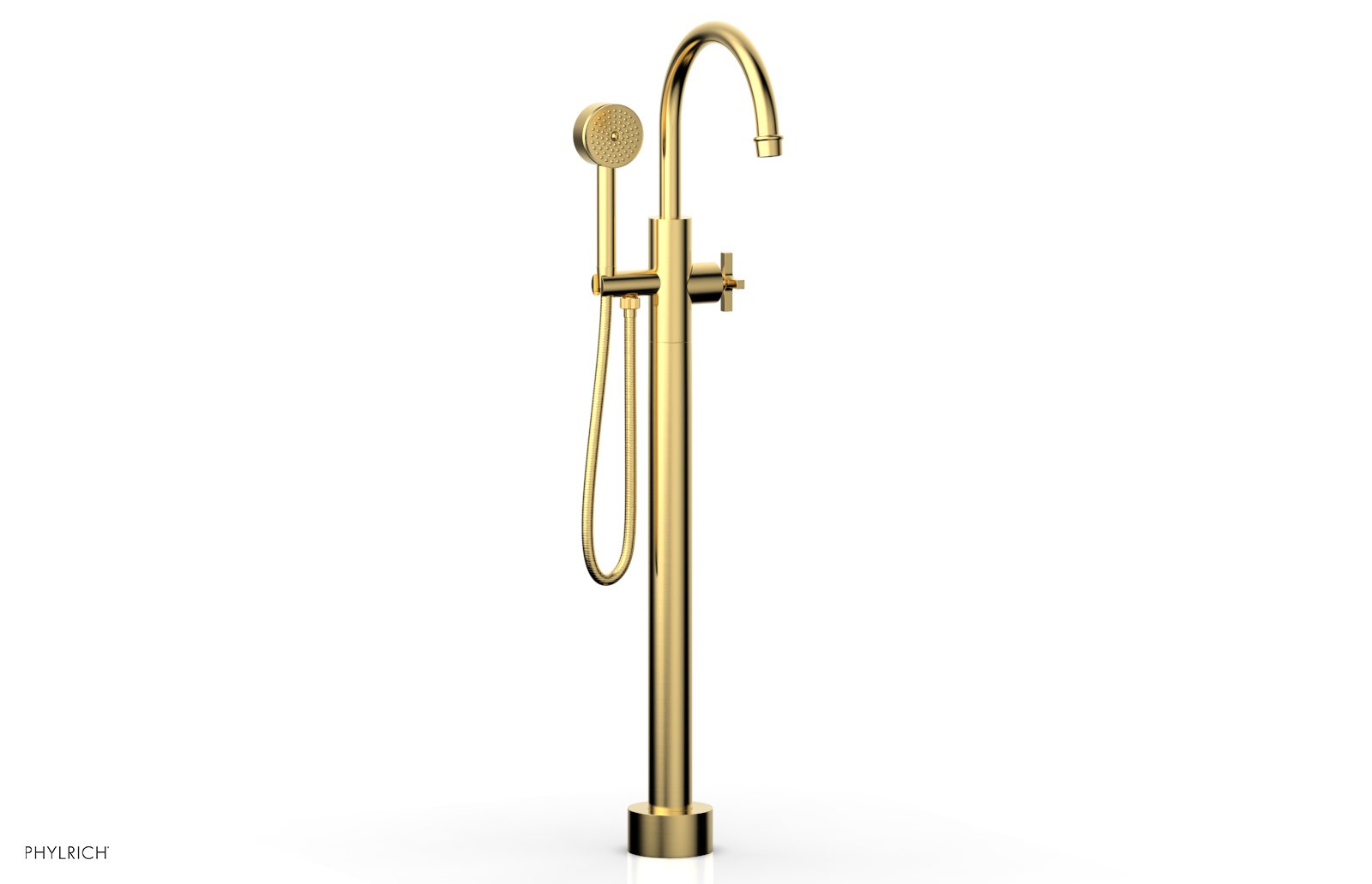 HEX MODERN Floor Mount Tub Filler Cross Handles with Hand Shower by Phylrich - Satin Gold
