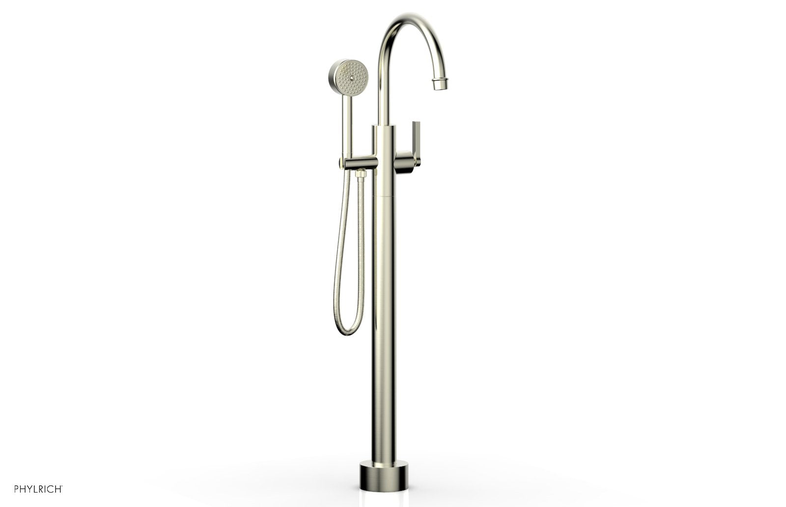HEX MODERN Floor Mount Tub Filler Lever Handle with Hand Shower by Phylrich - Satin Nickel