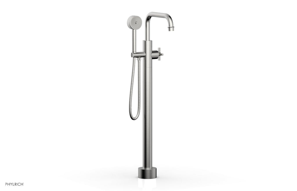 HEX MODERN Floor Mount Tub Filler Cross Handles with Hand Shower by Phylrich - Satin Chrome