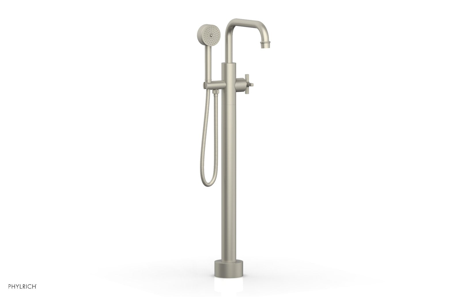 HEX MODERN Floor Mount Tub Filler Cross Handles with Hand Shower by Phylrich - Burnished Nickel
