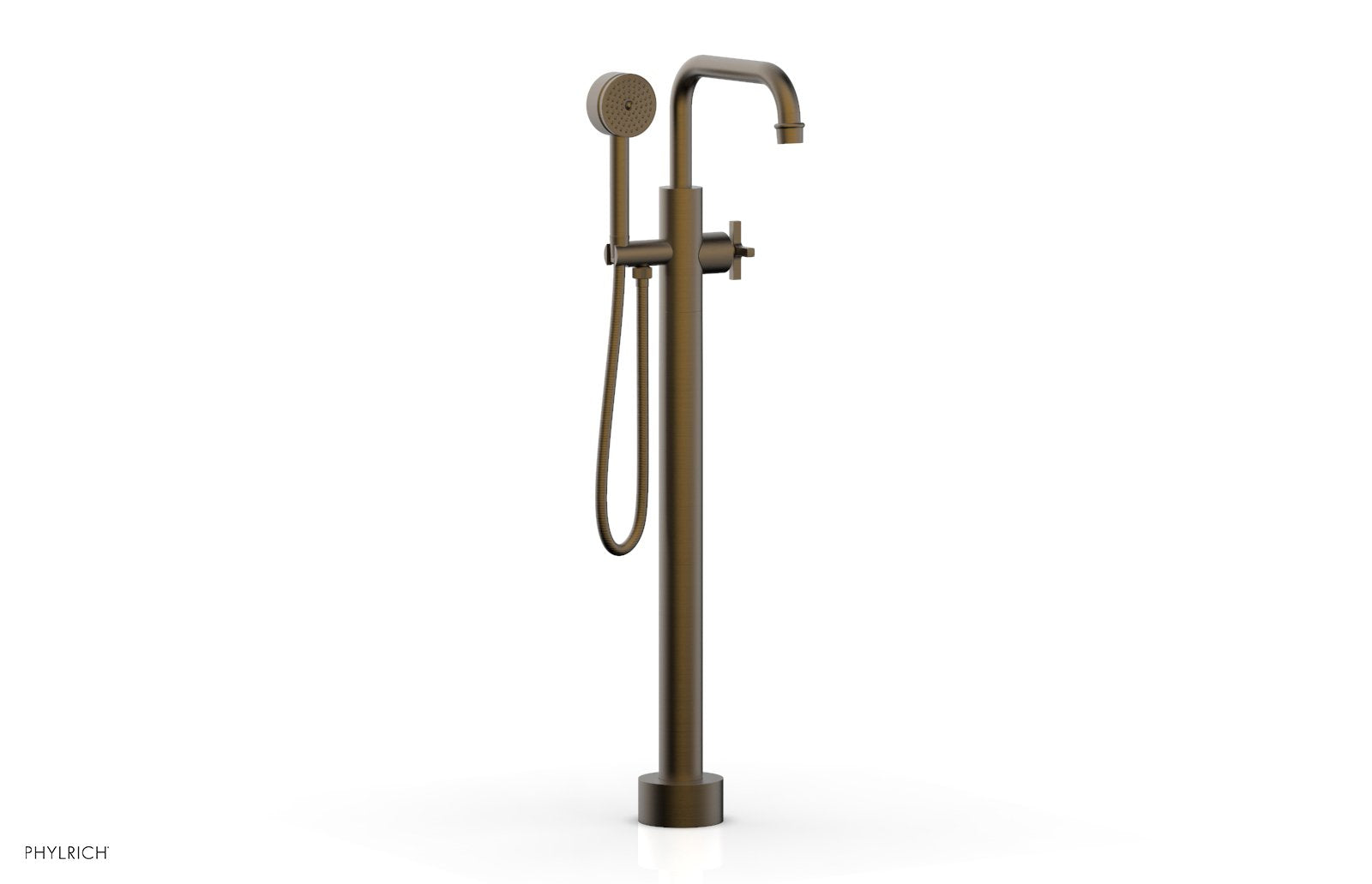 HEX MODERN Floor Mount Tub Filler Cross Handles with Hand Shower by Phylrich - Old English Brass