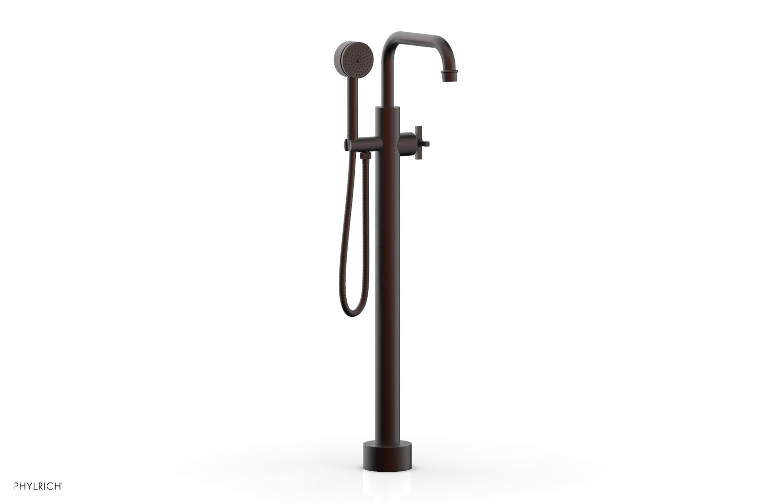 HEX MODERN Floor Mount Tub Filler Cross Handles with Hand Shower by Phylrich - Weathered Copper