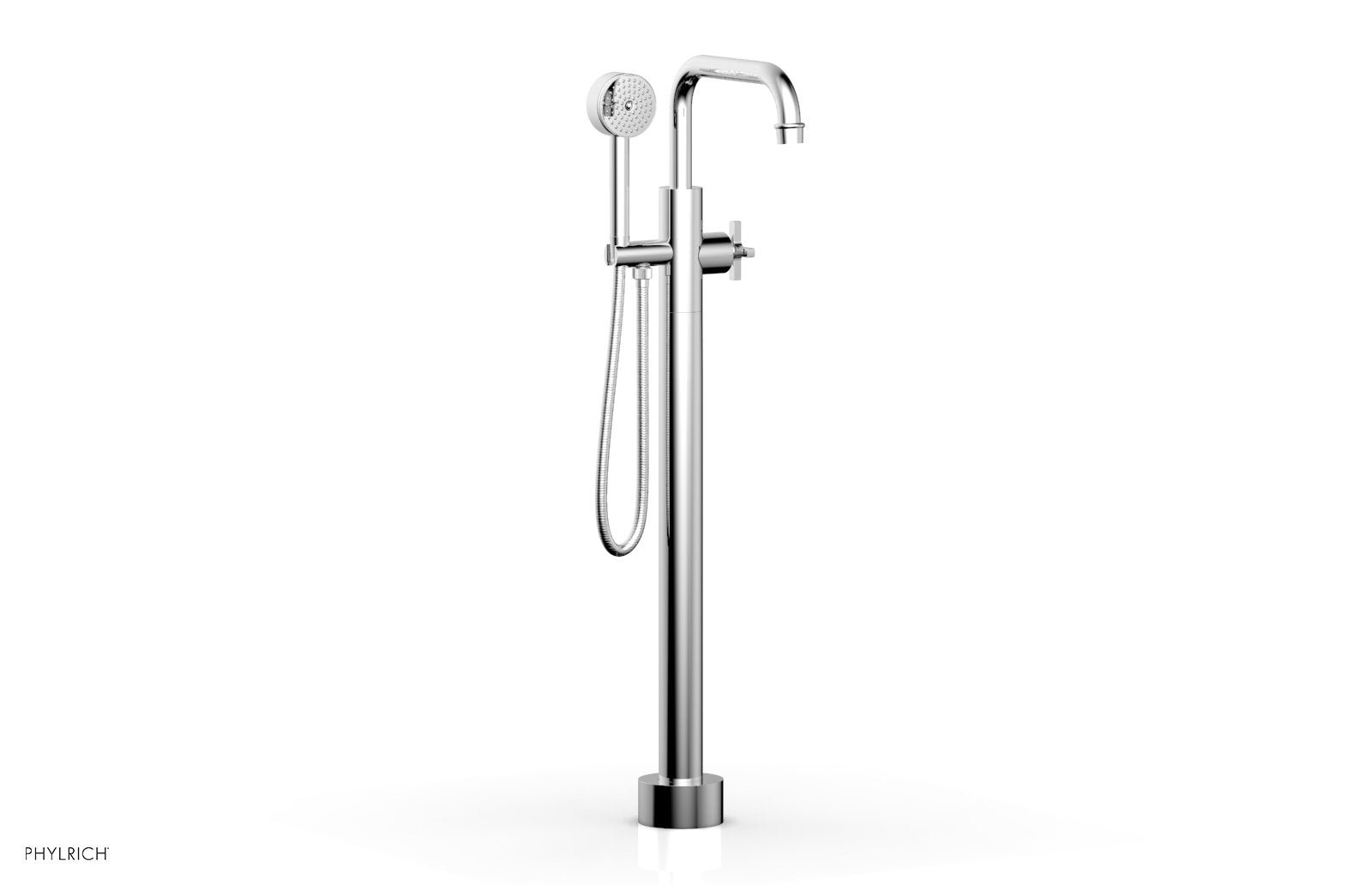 HEX MODERN Floor Mount Tub Filler Cross Handles with Hand Shower by Phylrich - Polished Chrome