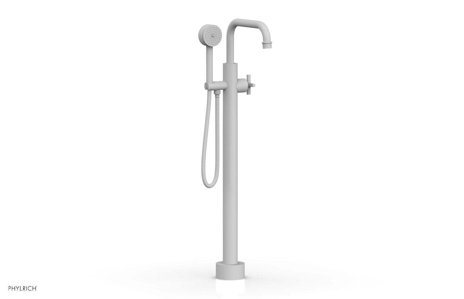 HEX MODERN Floor Mount Tub Filler Cross Handles with Hand Shower by Phylrich - Satin White