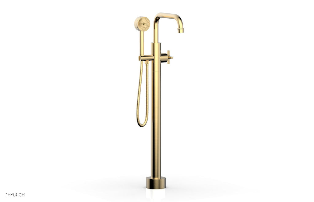 HEX MODERN Floor Mount Tub Filler Cross Handles with Hand Shower by Phylrich - Satin Brass