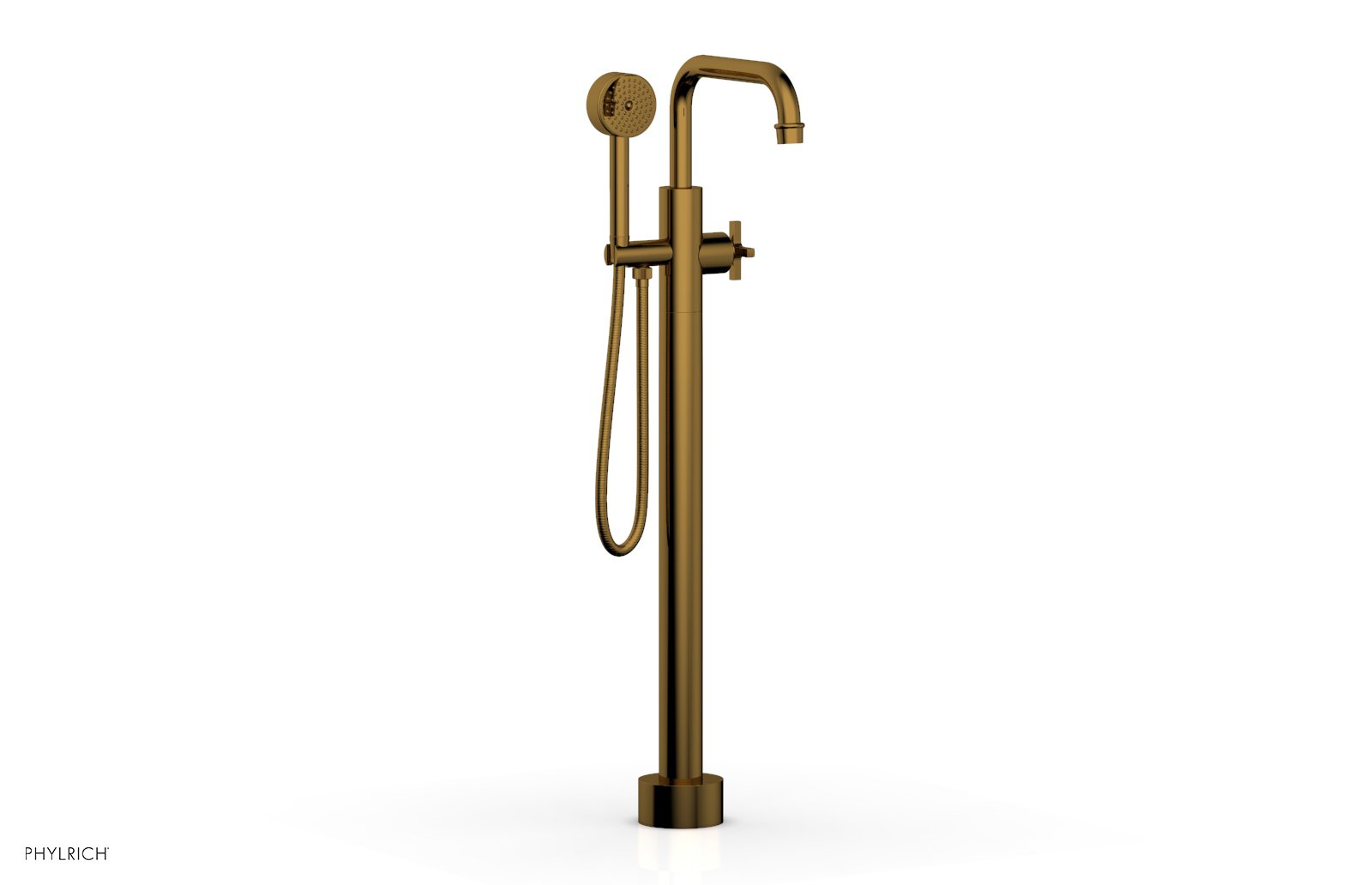 HEX MODERN Floor Mount Tub Filler Cross Handles with Hand Shower by Phylrich - French Brass
