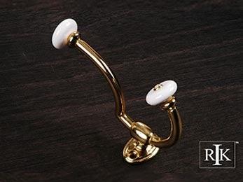 Porcelain Ends Coat & Hat Hook 5" (127mm) - Polished Brass - New York Hardware Online